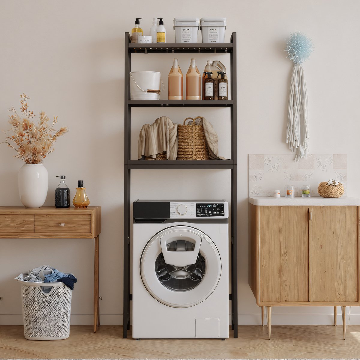 Xbro Wasmachine Rek – Wasmachinekast met 3 Planken – Voor Wasmachine & Toilet – Bamboe – 63 × 26 x 170 cm – Donkergrijs — afbeelding 1