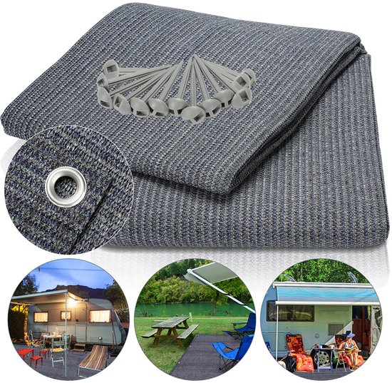 Opgevouwen blauw-grijs campertapijt met bevestigingsharingen en cirkels met vergrotingen van het oogje en het tapijt bij een caravan.