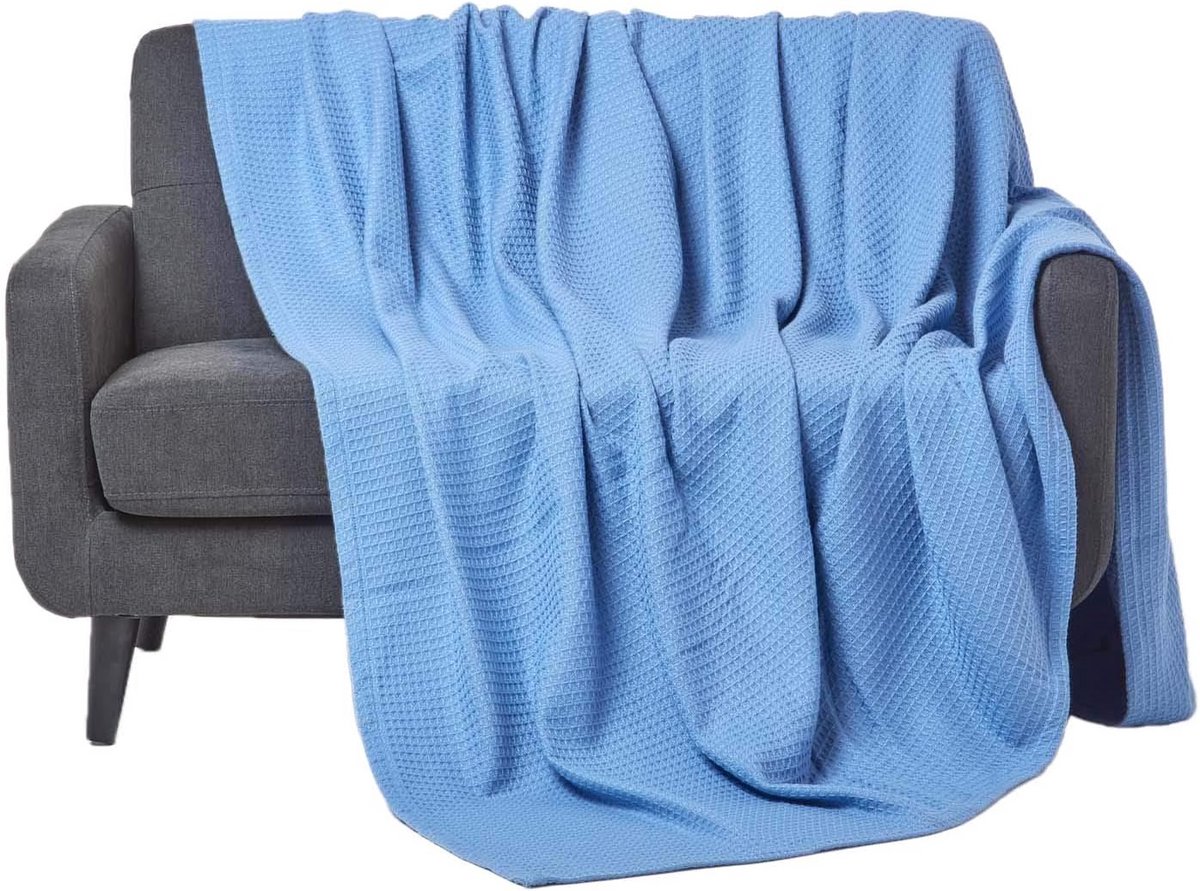 Wafeldeken 100% Biologisch Katoen - Blauw - Super Kingsize (280x230 cm) - Zachte Katoenen Plaid
