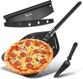 Complete Pizzaschep set – Vlijmscherpe Pizzasnijder – Pizzasteen – Spatel – Pizza uit de Oven of BBQ – Zwart – 30cm