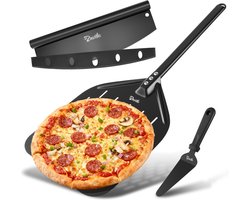 Complete Pizzaschep set – Vlijmscherpe Pizzasnijder – Pizzasteen – Spatel – Pizza uit de Oven of BBQ – Zwart – 30cm