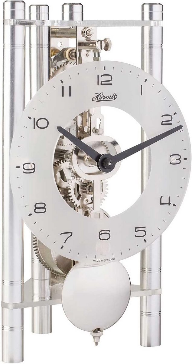 Tafelklok met aluminium zuilen en 8-daagse skeleton uurwerk, 19,5 cm