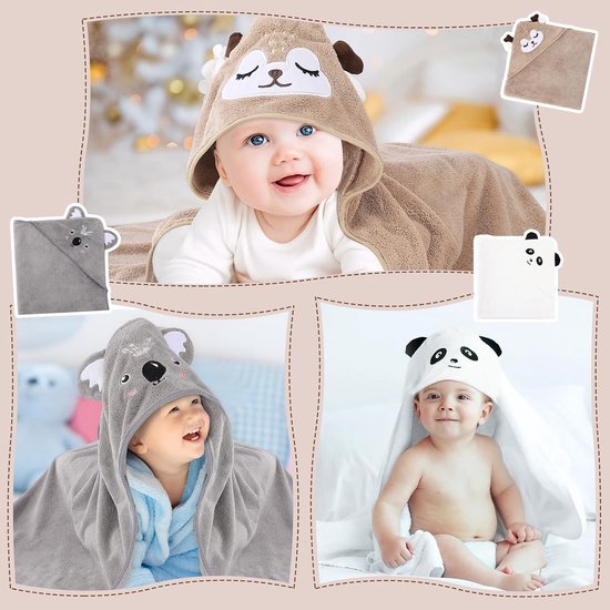 Badhanddoek met capuchon voor baby's, 3-delig, super absorberend, 80 x 80 cm, 100% katoen, kaki/grijs — afbeelding 3