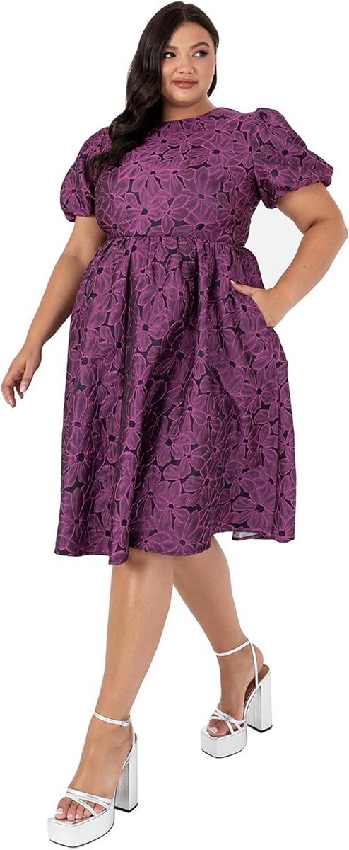 Plus Size Jurk Midi Bloemen A-lijn Ronde Hals Korte Mouwen Cocktailjurk