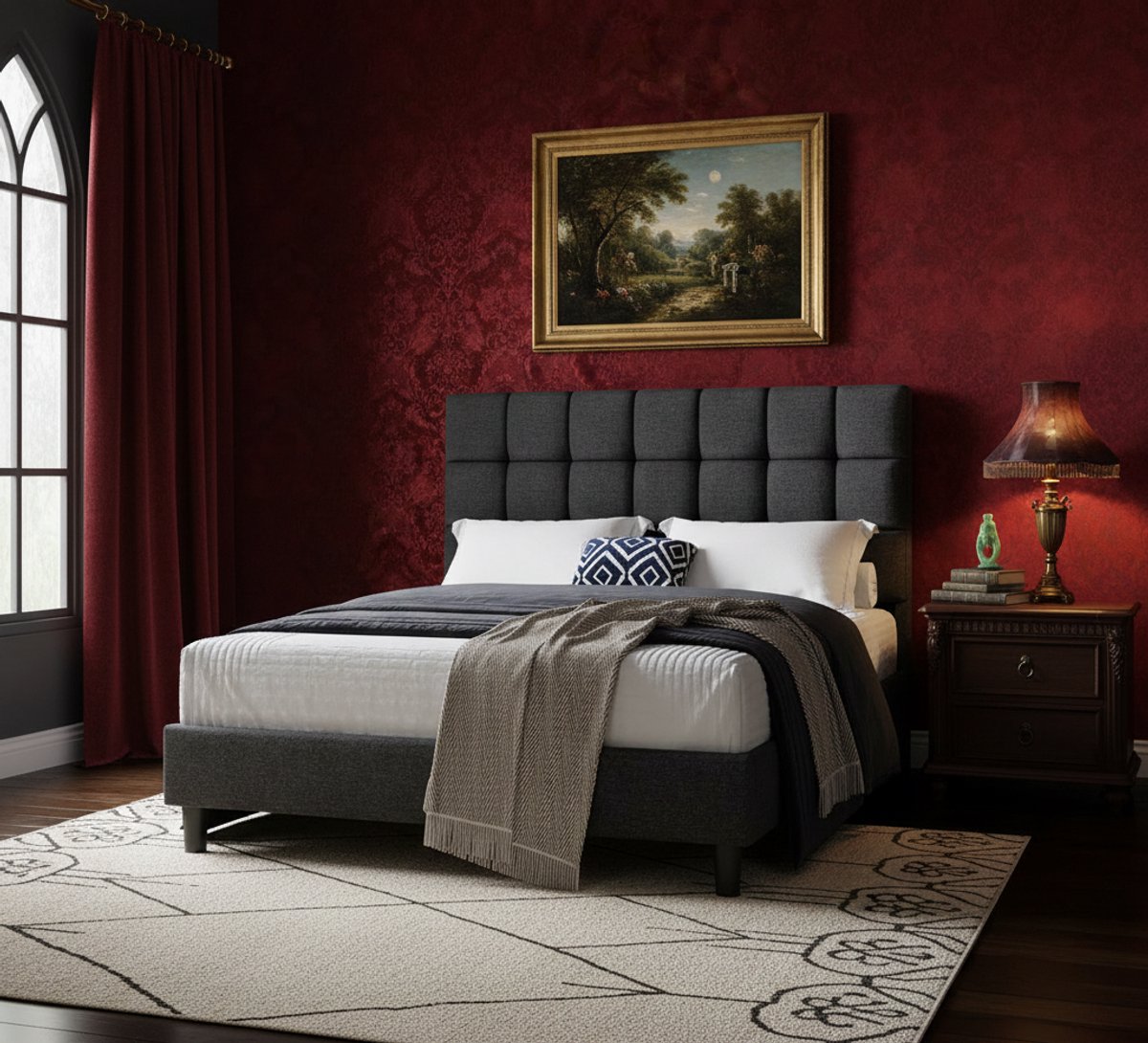 Tweepersoons Bed 140x200 met Verstelbaar Hoofdbord – Gestoffeerd Bed met Lattenbodem, Stabiel Metalen Frame, Luxe Comfort & Duurzame Constructie – Donkergrijs – House&Garden