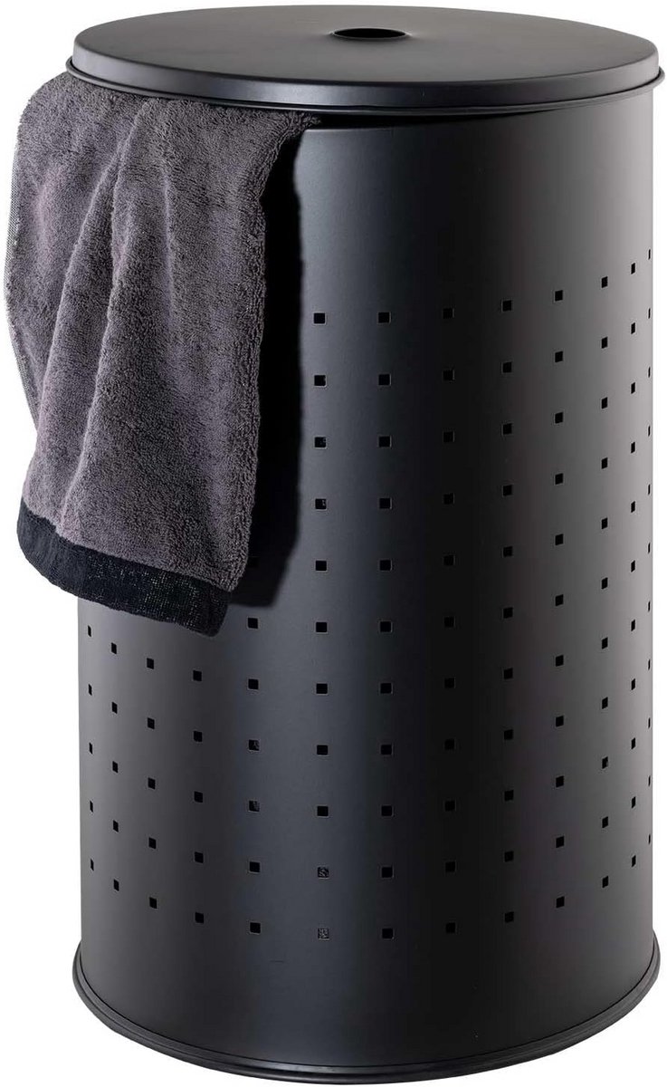 Ronde Wasmand met Deksel - 54L - Zwart Roestvrij Staal - Ventilatiegaten