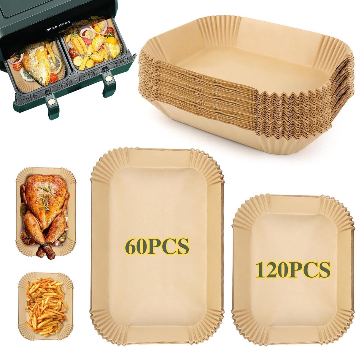 180 Vellen Rechthoekig Bakpapier voor Airfryer - Dubbele Mand - Vetwerend & BPA-vrij