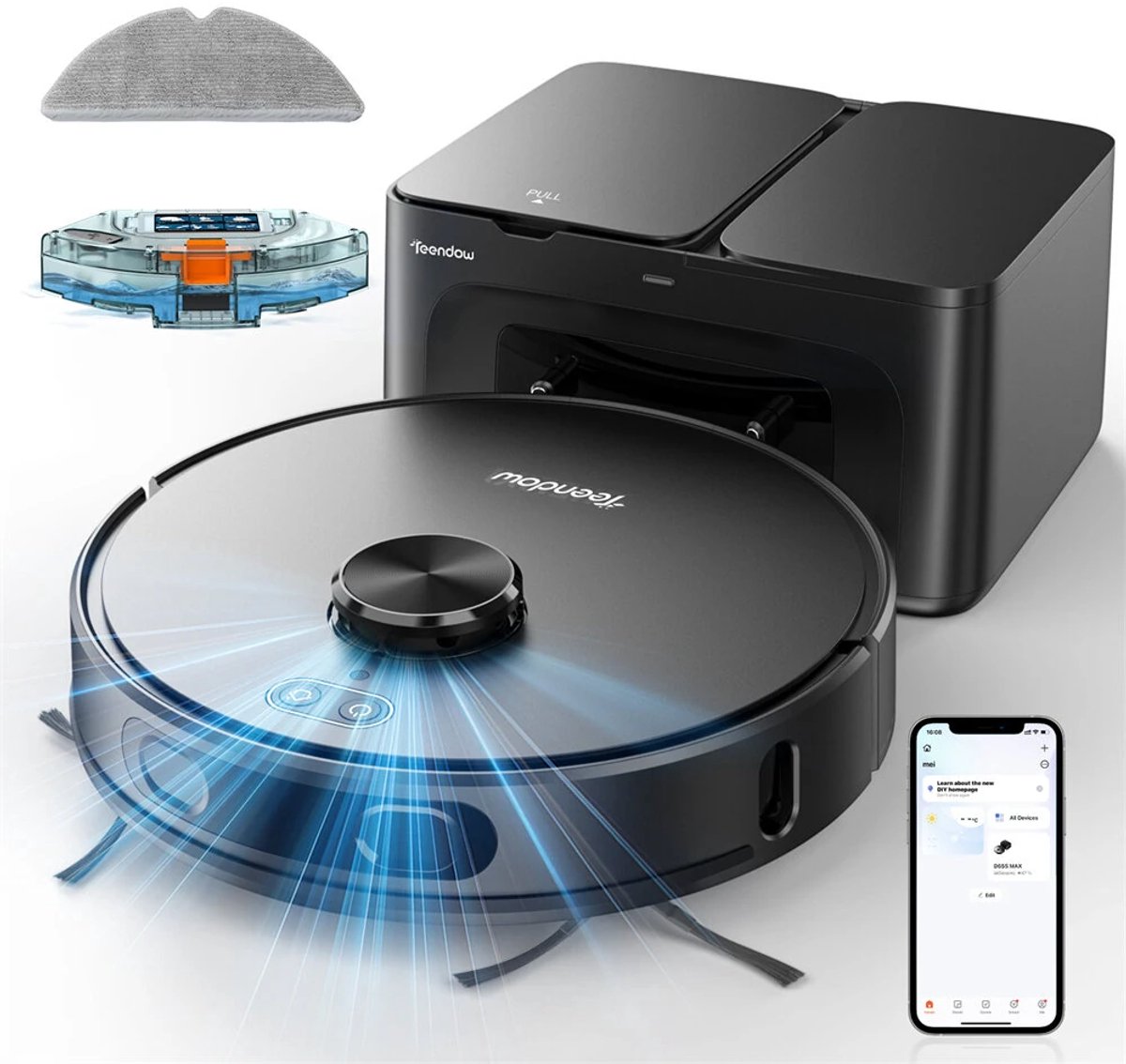 Teendow D65S MAX 3-in-1 Robotstofzuiger en -mop met LiDAR-navigatie, slimme kaartvorming en maximale sterke 6000Pa zuigkracht, zelfledigende bases voor 70 dagen, WiFi/App/Alexa spraakbediening, obstakelvermijding - EU-stekker