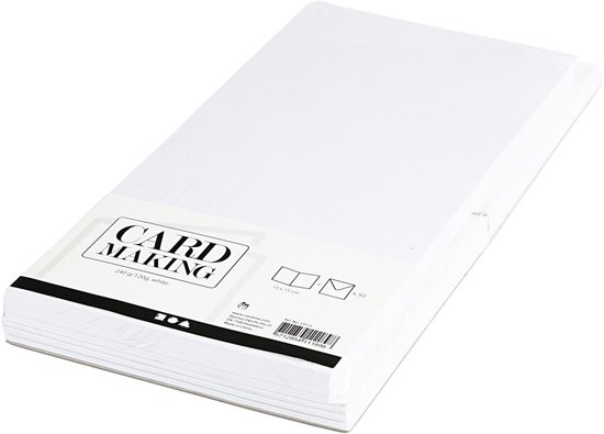 Schuin aanzicht van een verpakking met 50 witte 15x15 cm kaarten en enveloppen met label 'CARD MAKING'.