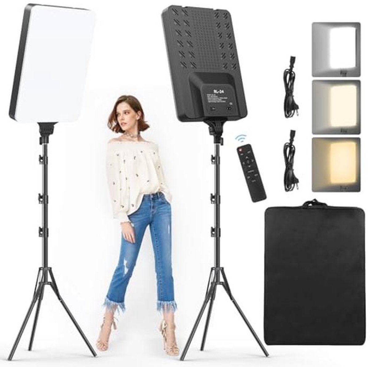 24 inch dimbare LED videolichtset voor fotografie en videoproductie - 2800-6500 K, met afstandsbediening en statief