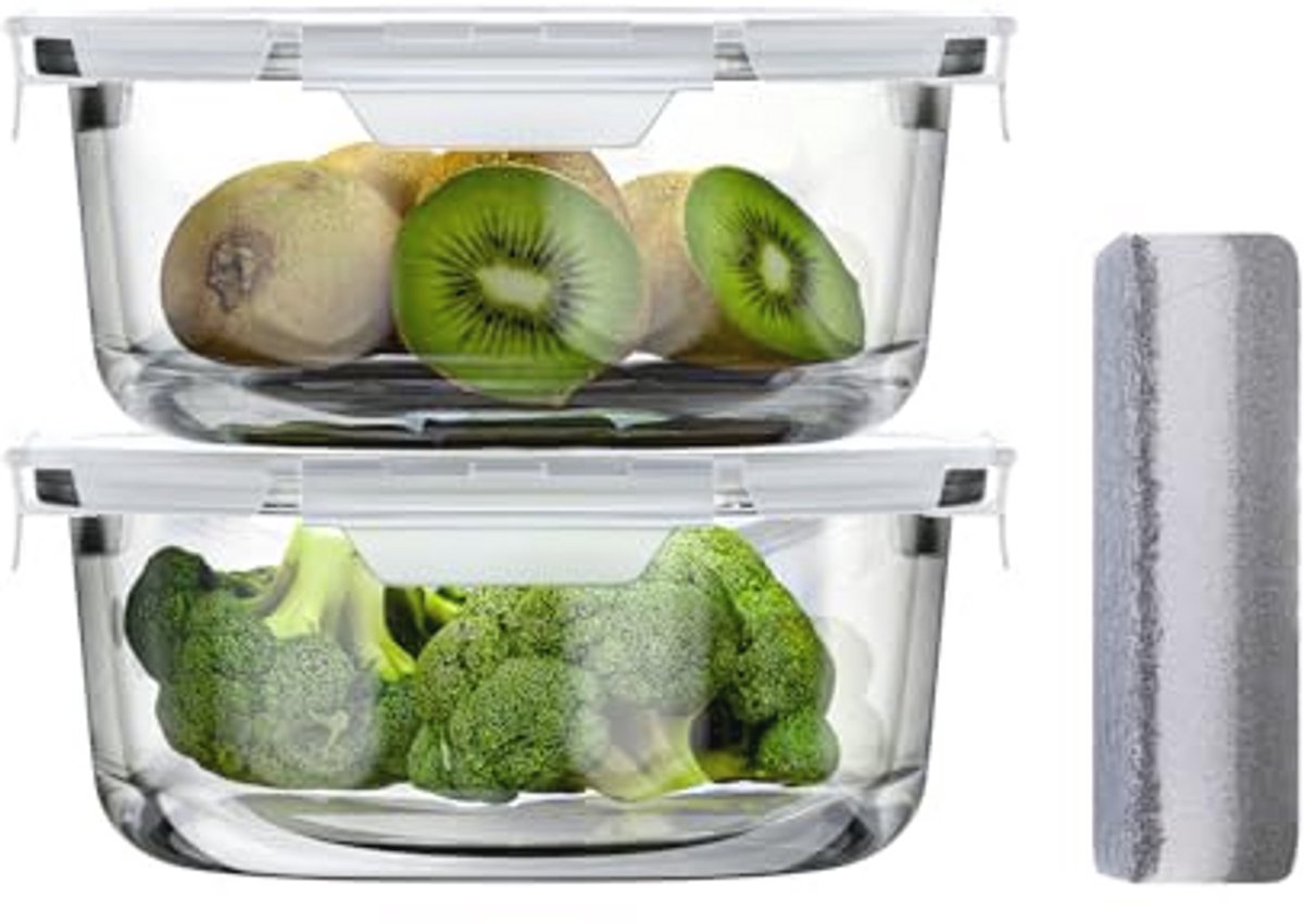 Set van 2 ronde glazen voedselcontainers met deksel, voedselopslag lunch (660 ml)
