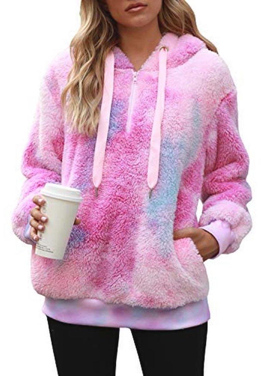 Oversized Sherpa Pullover Hoodie met Zakken in Tie Dye Patroon - Fuzzy Fleece Trui voor Dames