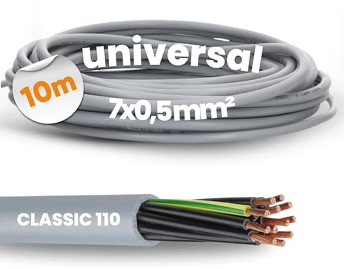 10 Meter 7-aderige PVC-besturingskabel 7x0,5 mm² met Groen-Geel Beschermgeleider