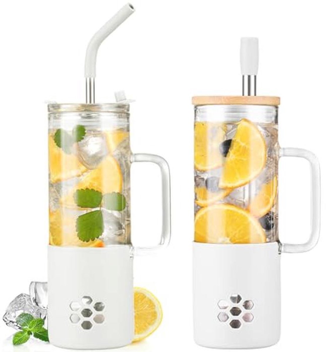600ml Glas Cup met 2 Deksel en Handvat - Herbruikbare Smoothie- en Iced Coffee Mug