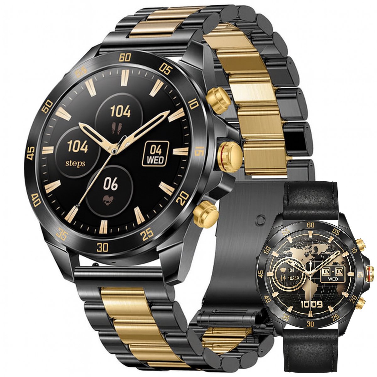 Smartwatch Royal Empire NX1 PRO- AMOLED Scherm-Smartwatch Heren-Outdoor Smartwatch-Telefoonfunctie- Fitnesstracker- Bloeddrukmeting- Slaapmonitor- Calorie Stappenteller-RVS Armband-geschikt voor Android/ iOS-Kleur Zwart/goud-AMOLED-Cadeau