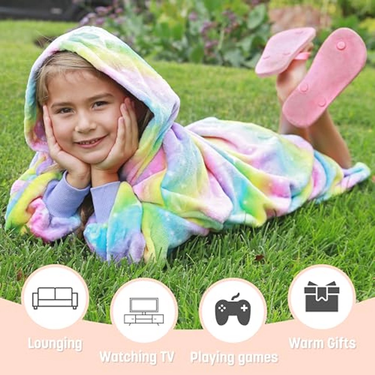 Catalonia Classy Oversized hoodiedeken voor kinderen met mouwen, warme knuffeldeken, cadeau voor meisjes, jongens en jongeren, oversized fleece knuffeltrui met capuchon, regenboog
