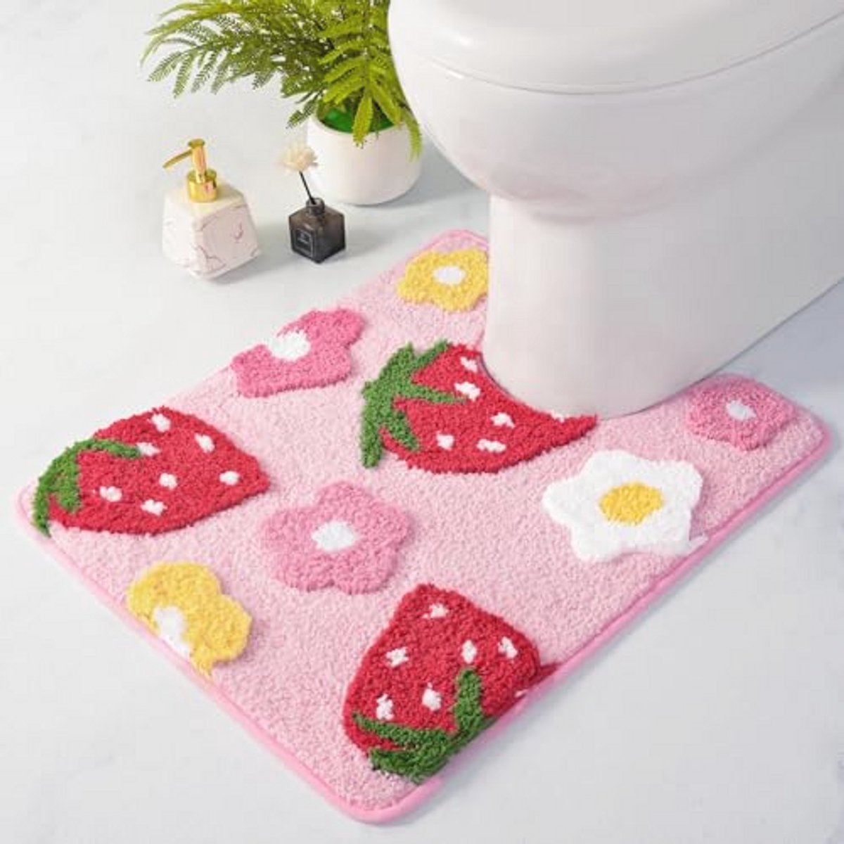 U-vormig toilettapijt 50 x 61 cm - Superzachte en absorberende badmat met aardbeien- en bloemontwerp, Antislip en Sneldrogend, Wasbaar Contourtapijt