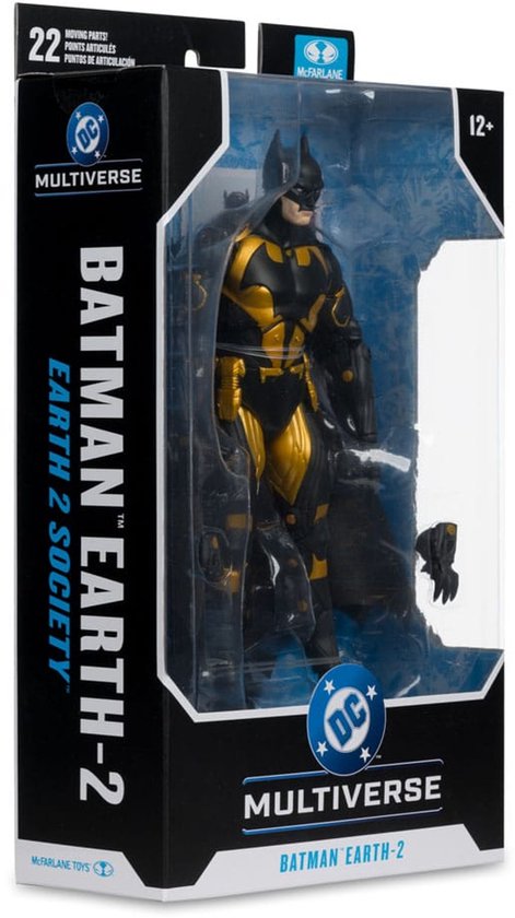 Batman Earth-2 actiefiguur in verpakking, met gouden en zwarte pantsering.