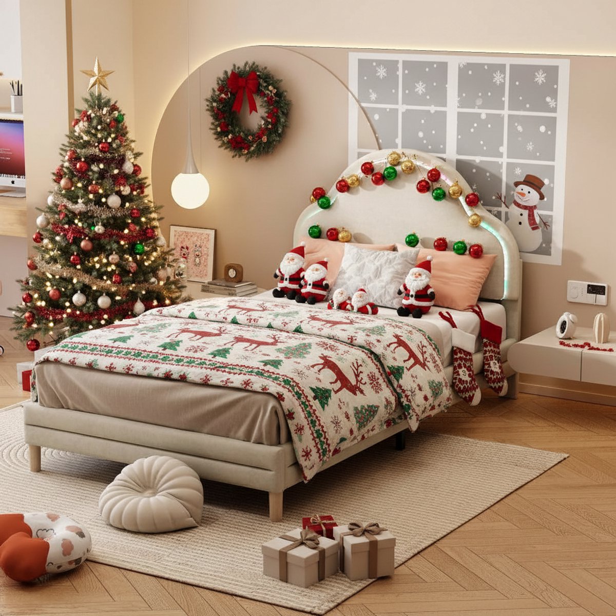 KOMHTOM Kinderbed bed met wisselende veelkleurige LED-strips kinderbed met houten lattenbodem Eenpersoonsbed 90x200 cm beige fluweel