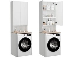 Wasmachinekast voor Badkamer of Keuken - Hoge Kast met Bovenbouw voor Wasmachine en Wasdroger - Wit en Eiken - 210 x 65 x 50/25 cm
