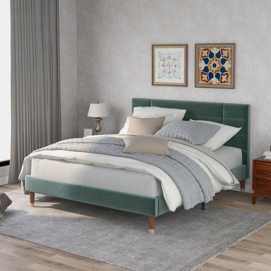 MODFU Gestoffeerd Bed 140x200 cm – Donkergroen fluweel – Met lattenbodem & opbergruimte – 181 kg