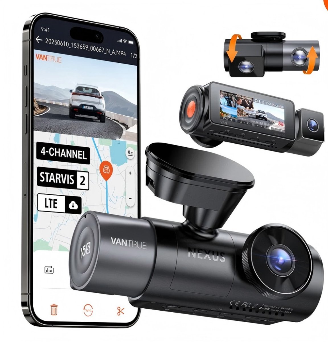 Vantrue N5S 4-Kanaals 360 Graden WiFi Dashcam, STARVIS 2, IR Nachtzicht, 2.7K+1080P*2+1440P Voorste/Achterste Binnencamera, Spraakbediening, GPS, 24 Uur Parkeerstand