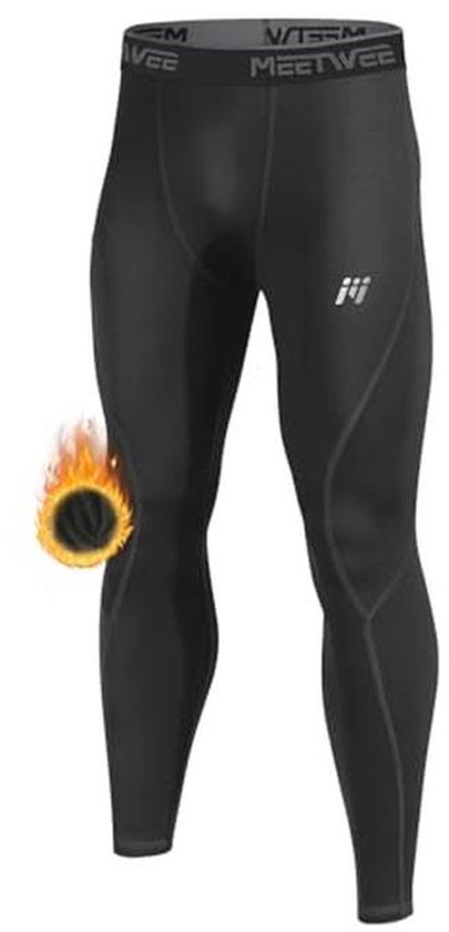 Zwarte thermolegging voor heren met een vuur-icoon dat warmte aangeeft. De legging heeft een aansluitende pasvorm en is ideaal voor koude omstandigheden.