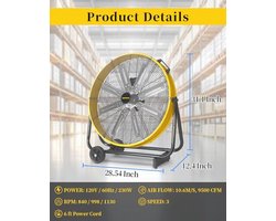 Industriële vloerventilator 24 inch - Hoge snelheid met 3 versnellingen en 8 bladen voor optimale…