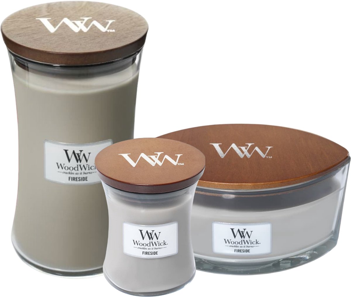 WoodWick geurkaarsen Fireside - Set van 1x Medium 1x Large 1x Ellipse - Afmetingen: B:9,8 x H: 11,43 cm - Aantal branduren: ± tot 60h - Materiaal: glas, hout Grijs