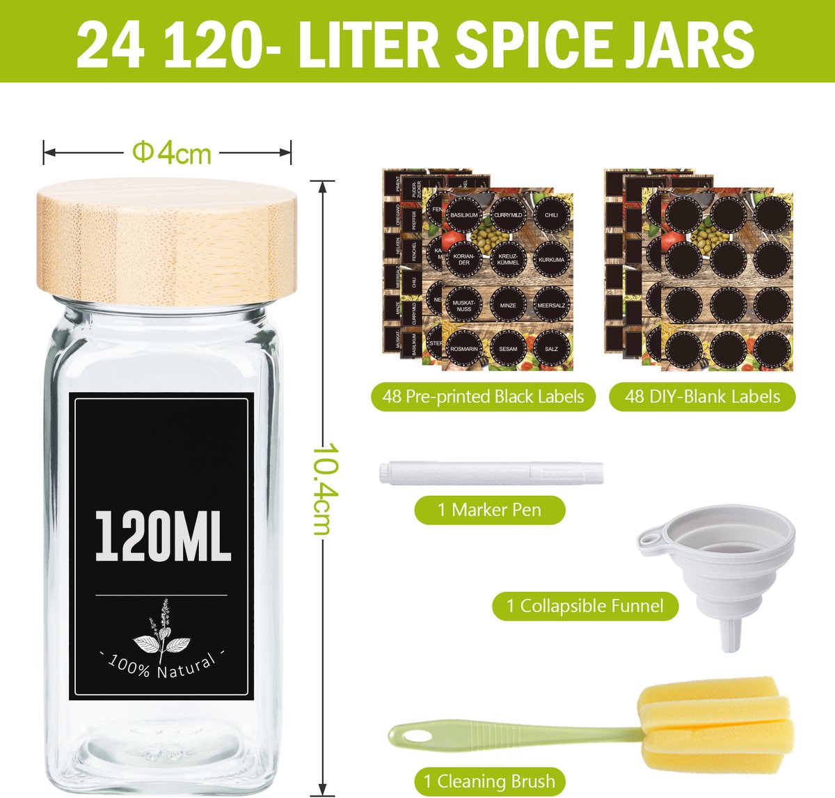 Soontrans 24 Glazen Kruidenpotjes Vierkant Met Houten Deksel - Kruidenpotjes Vierkant Set, Kruidenpotten Set 24x120ml, Kruidenpotjes Met Kruidenstrooier, Incl. Trechter, Reinigingsborstel, Pen, Stickers