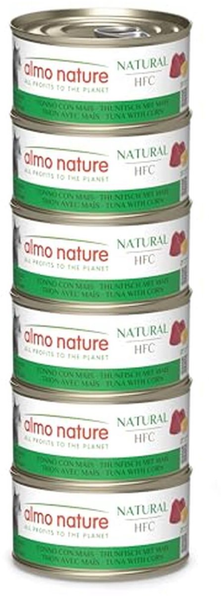 Almo Nature HFC Natural - Natvoer voor Volwassen Katten - Tonijn en Maïs - Human Grade, Glutenvrij, Monoproteïne - 70g, Pak van 6