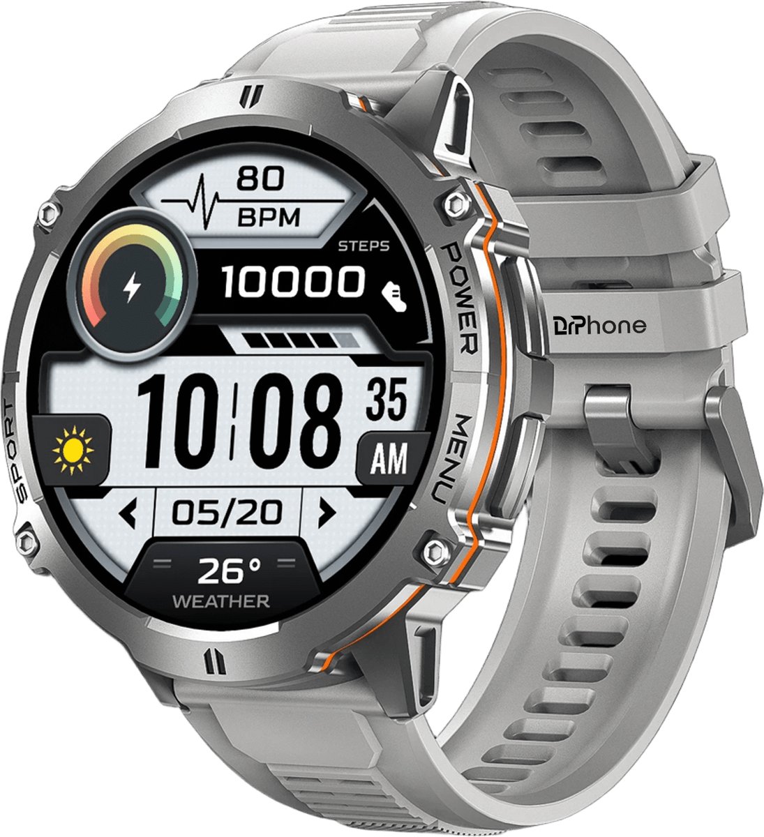 DrPhone ChronaX Max Rugged Smartwatch – 1.73” AMOLED – 100 Dagen Batterij – BT Bellen – SpO2 – GPS Tracking – 100+ Sportmodi – Roestvrij Stalen, PU Leren En Siliconen band - Zilver