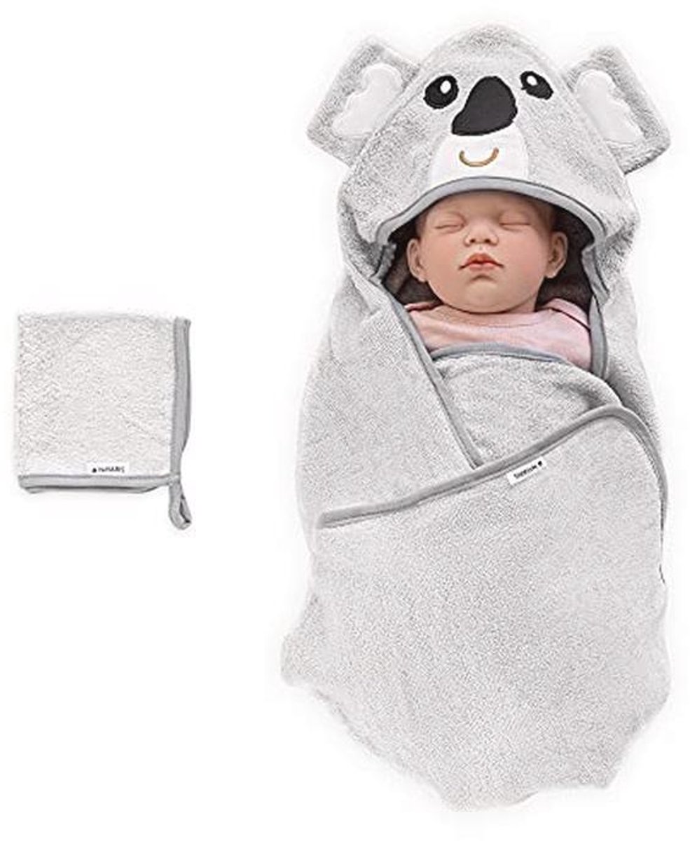 Hooded bath cape for baby set - Soft bamboo bath towel and washcloth - Oeko-Tex certified - Ideal for infants 0-12 months