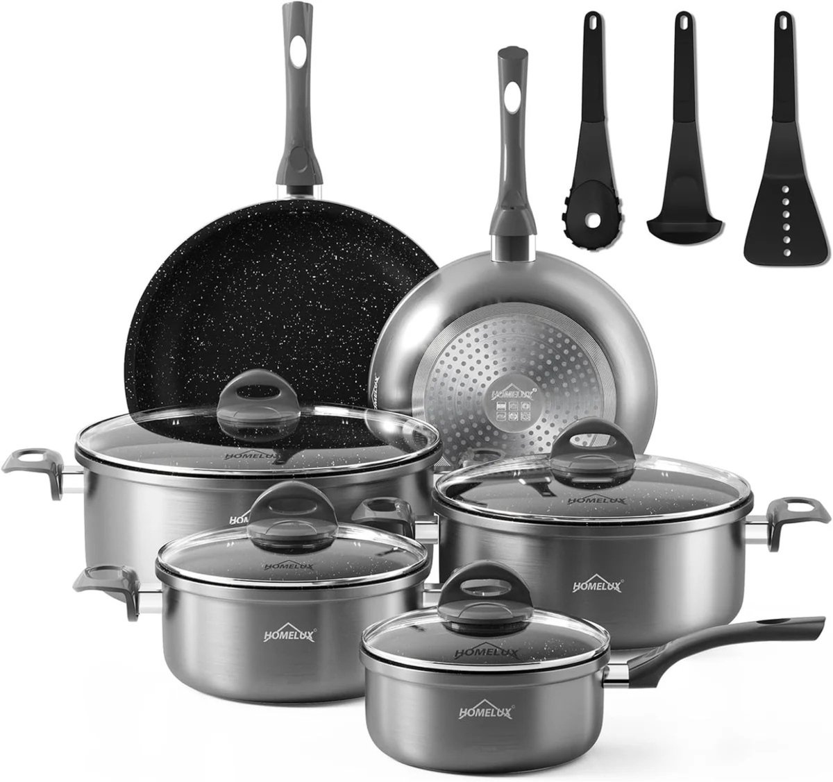 Homelux Inductie Pannenset 15-delig – RVS Kookpannenset met Glazen Deksel – Inclusief Koekenpannen & Keukentools – Geschikt voor Alle Warmtebronnen - Premium pannenset -Luxe pannenset - Hoge kwaliteit pannenset - Duurzame pannenset - Kookpannenset