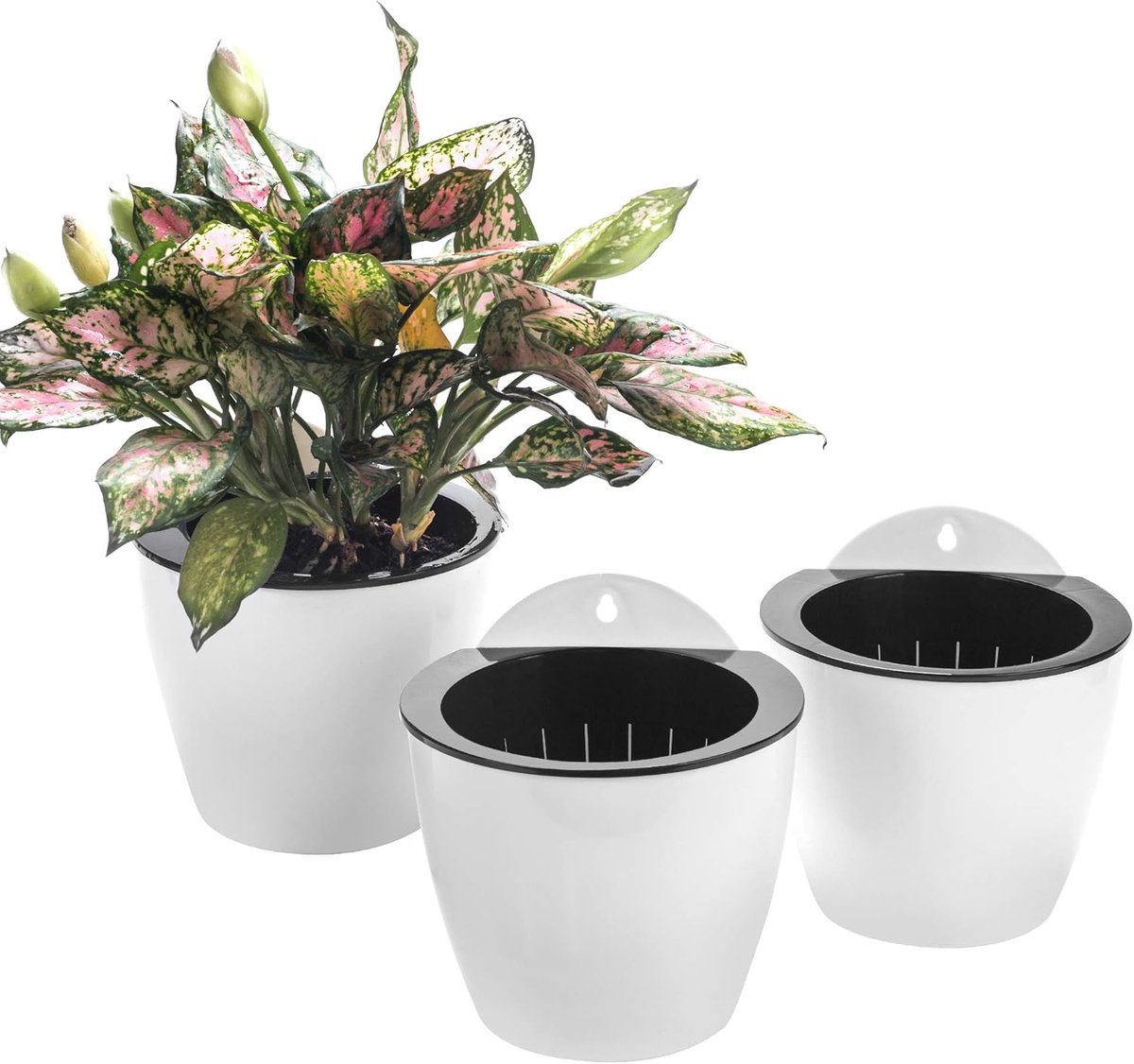 Famanu - Set van 3 hangende ronde plantenpotten met irrigatiesysteem wit
