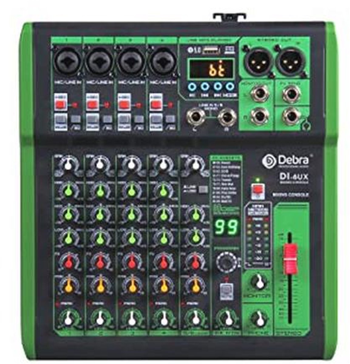 Professionele 6-Kanaals DJ Mixer met 99 DSP Effecten en USB/MP3 Ingang voor Karaoke en Thuisstudio