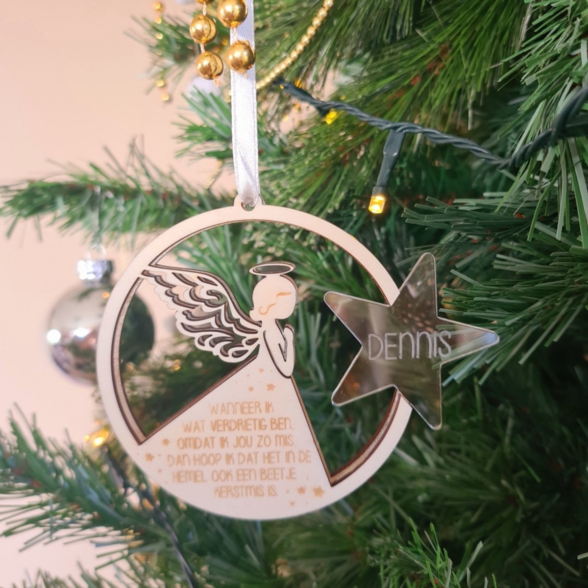 Kerstengel met Ster - Hanger voor geliefde - Herdenkings kerstbal - Kersthanger voor overleden geliefde - Herdenkings engel - Troost engel