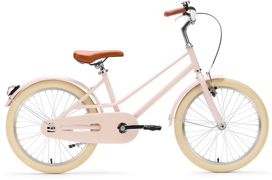 Vélo rose pour enfant avec selle et poignées marron, pneus crème et jantes argentées, vu de côté.