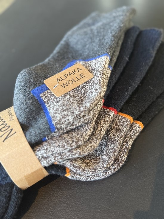 Grijs Alpaca sokken met blauwe, grijze en oranje/rode accenten. "Alpaka Wolle" label.