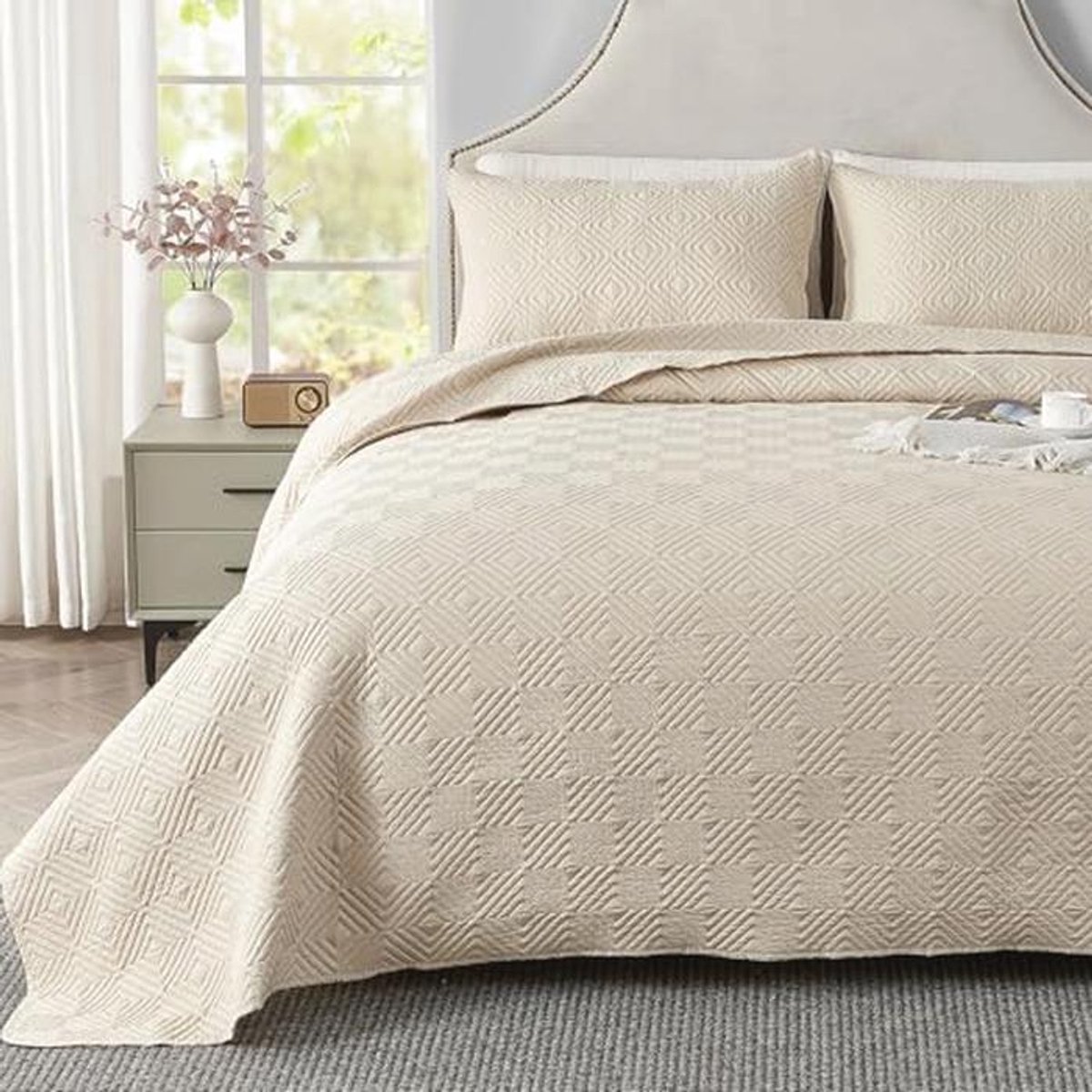 Lichte Beige Gewatteerde Bedsprei 220x240 cm - 3-delige Set voor Zomer & Winter