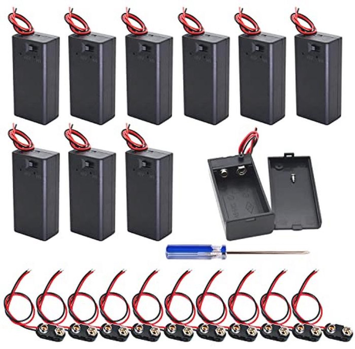 9V batterijdoos met aan/uit-schakelaar - 10 stuks batterijconnectoren en houders