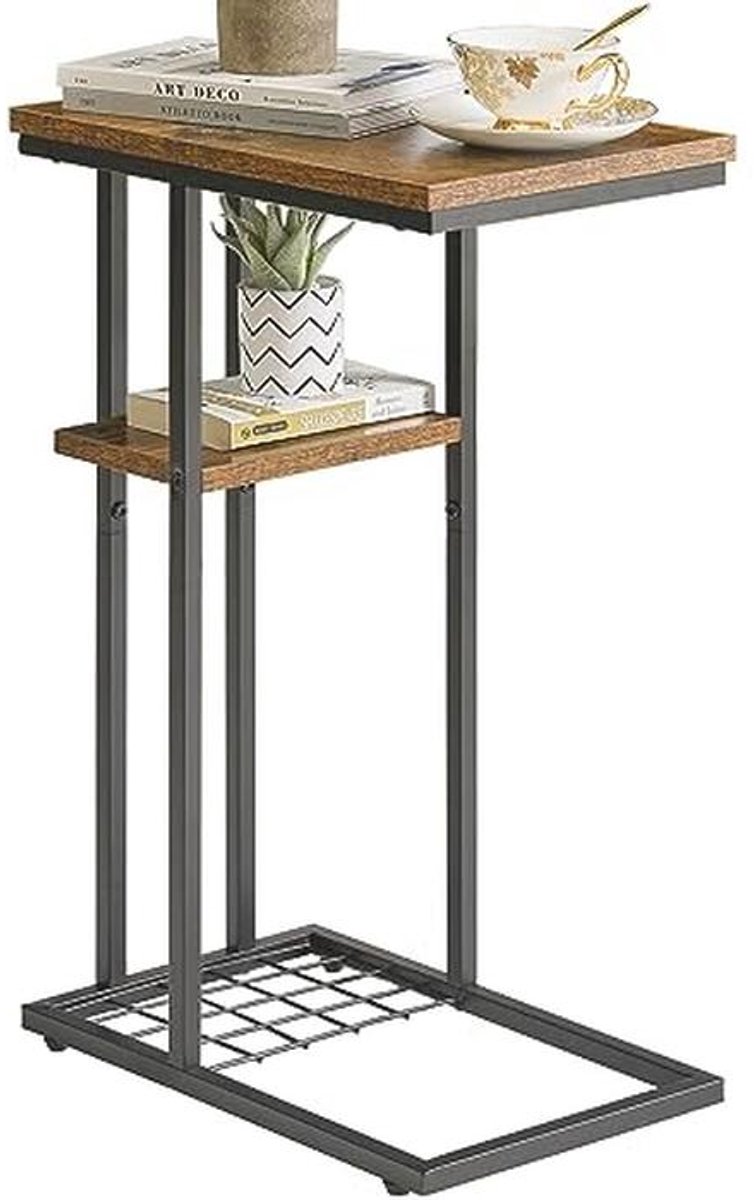 C-vormige lage bijzettafel met 2 etages en metalen frame voor woonkamer, slaapkamer en kantoor