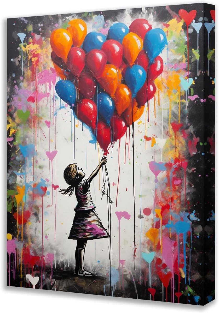 Provento - Kleurrijke Ballonschilderij voor Woonkamer - Banksy Modern Kunstwerk Giclee Canvas - Huisdecoratie - 30 cm - Ingelijst