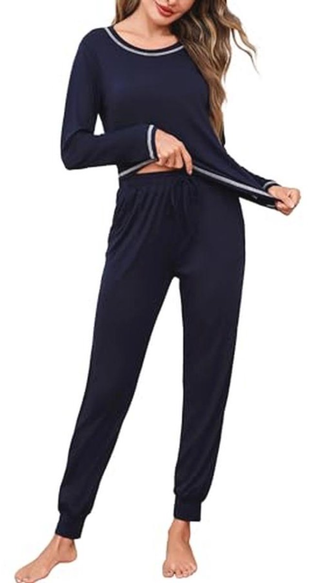 Aseniza Pyjama dames lange pyjama set katoen winter huispak lange mouwen tweedelige nachtkleding effen voor dames