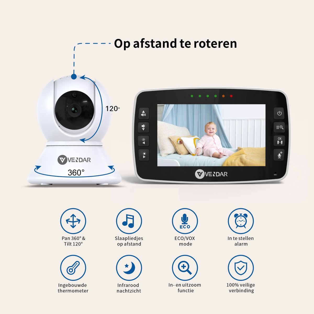 Vendar® Babyfoon PRO - Babyfoon met camera - Nachtzicht & Zoom - Op afstand bestuurbaar - Video & Audio - ECO Mode - Baby monitor 4.3 Inch – foto 8