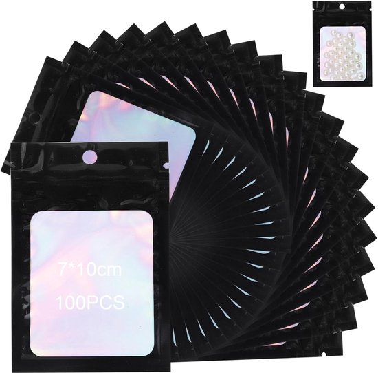 Produktbild von 66 Stück Mylar-Beutel – Schwarz Holografisch, Wiederverschließbar, Aluminiumfolie, Geruchsdicht, Für Partygeschenke & Schmuck