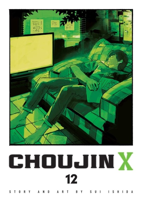 Couverture de Choujin X, volume 12, montrant un homme allongé sur un canapé devant la télévision. Les textes 'CHOUJIN X' et '12' sont en bas.