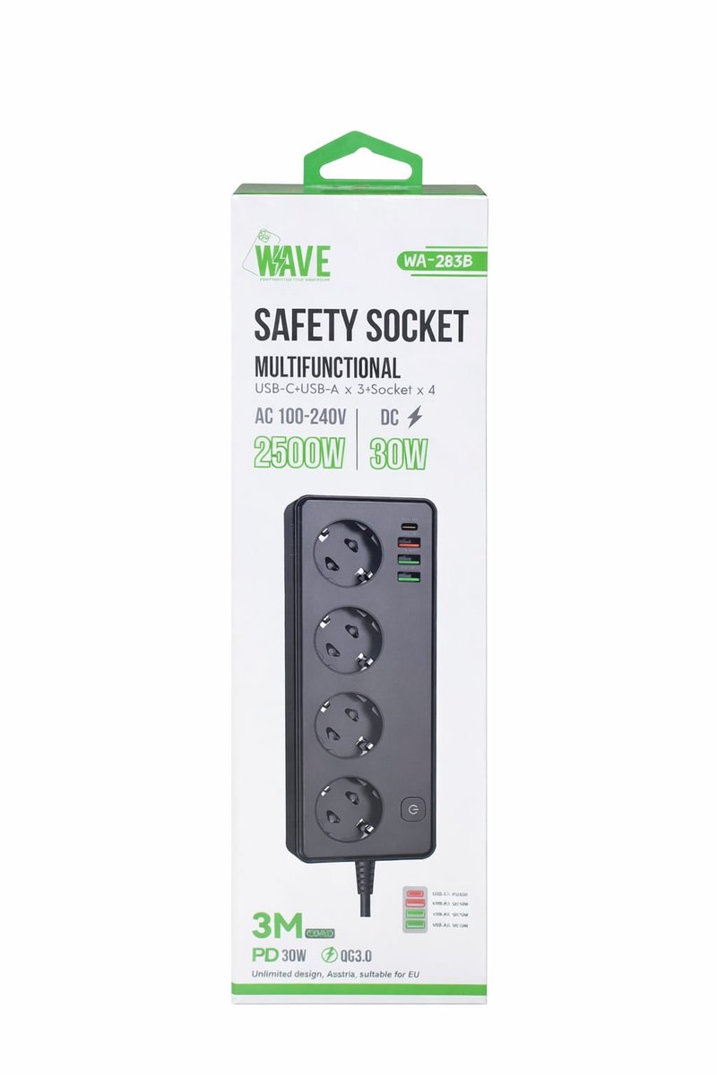 WAVE - Stekkerdoos met USB – 4-voudig Stopcontact + 3x USB-A & 1x USB-C – Met Schakelaar – Zwart