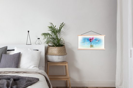 Posterhanger incl. Poster 60x30 cm - Schoolplaat - Bloemen - Boot - Vogel - Zee - Textielposter - Blanke latten