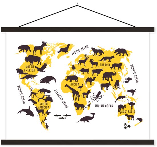 Décoration murale - Carte du Wereldkaart - Animaux - Jaune - Affiche scolaire - 120x90 cm